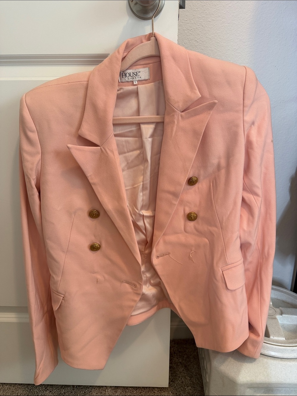 House of CB Blush Pink Double-Breasted Blazer with Gold Buttons